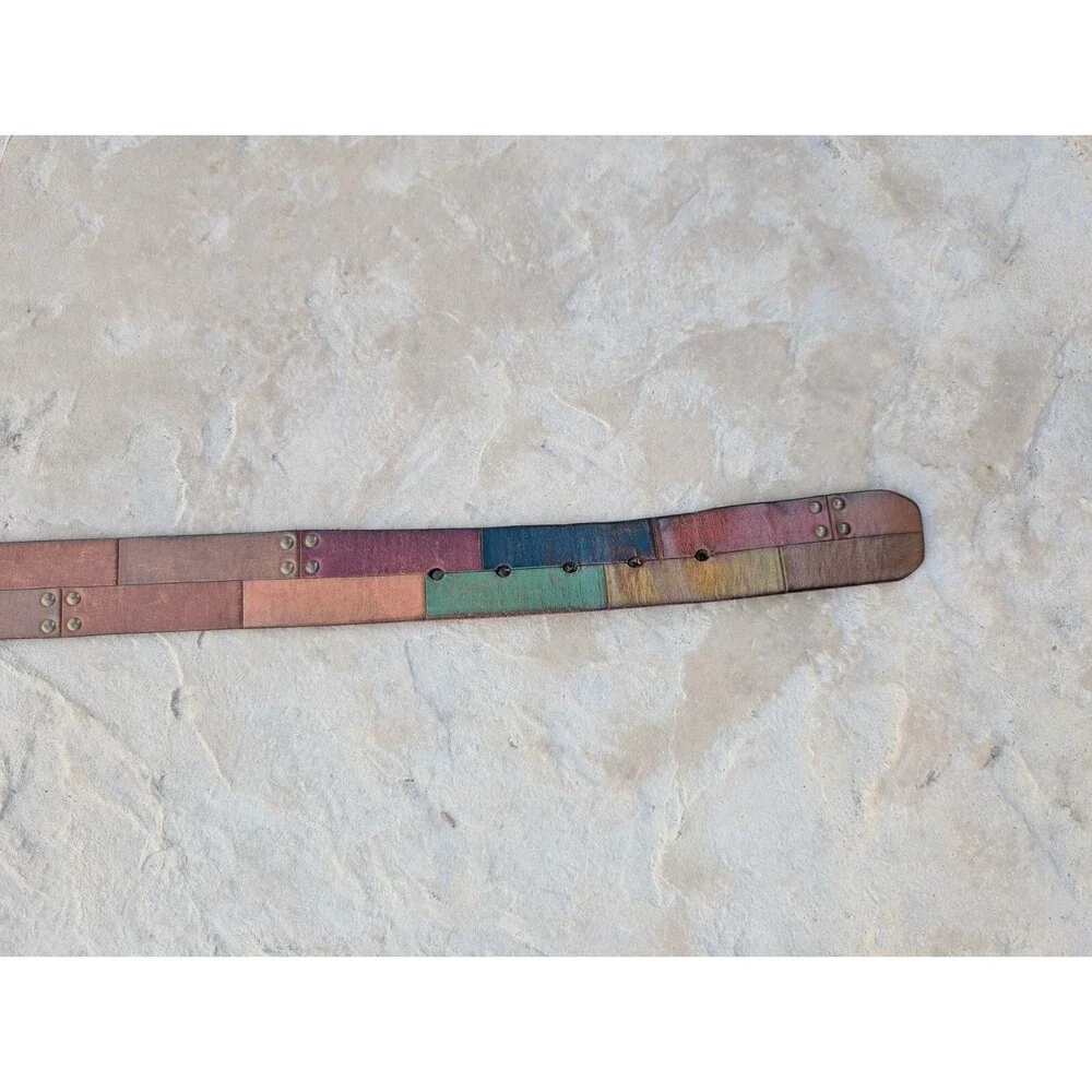 Fossil Belt Leather Patchwork Brass Rivets and Buckle Small 37 inches